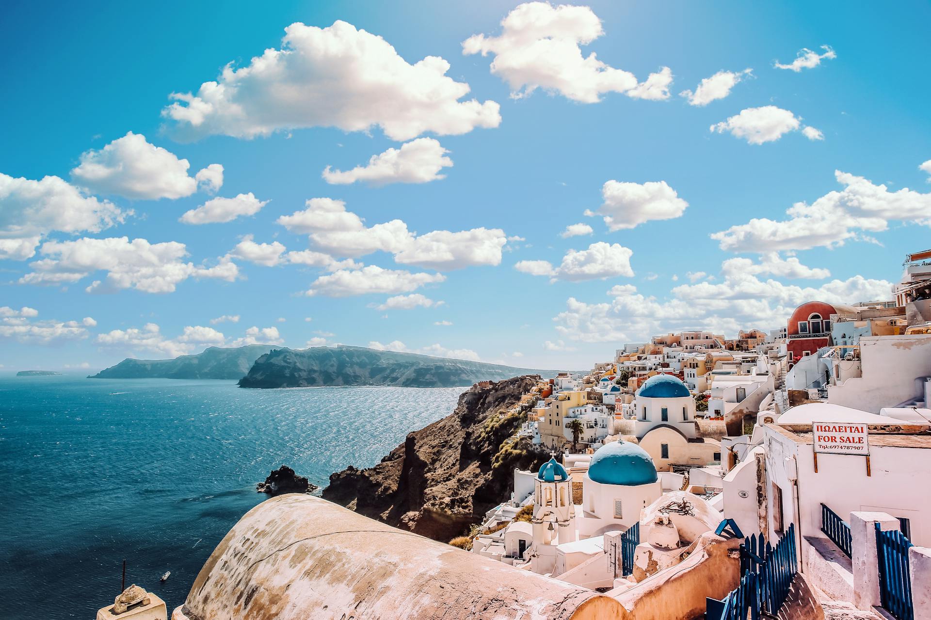 panoramic view of Mykonos island and sea in Greece