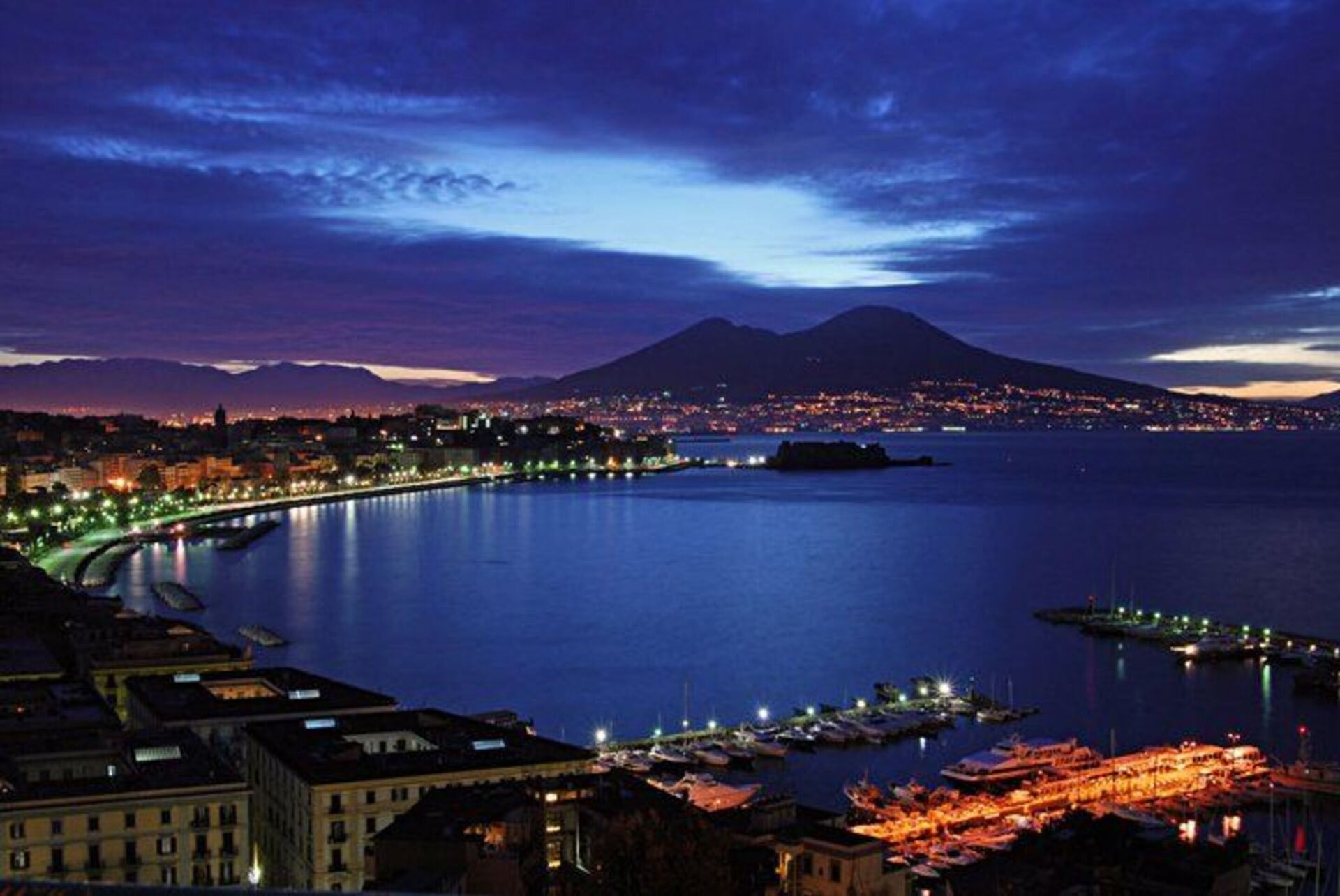 View of the Gulf of Naples and its sea in the evening